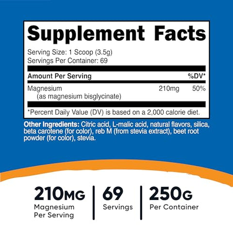 Magnesium Glycinate em Pó (Pêssego Manga, 250g) – Bisglicinato de Magnésio - Nutricost