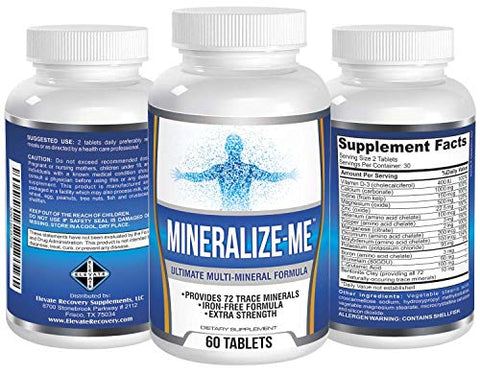 Elevate Recovery Supplements - MINERALIZE-ME: Suplemento Multimineral (Sem Ferro) com 72 Minerais Traços – Multiminerais Naturais – Fórmula de Alta Potência All-in-1 – 60 Comprimidos