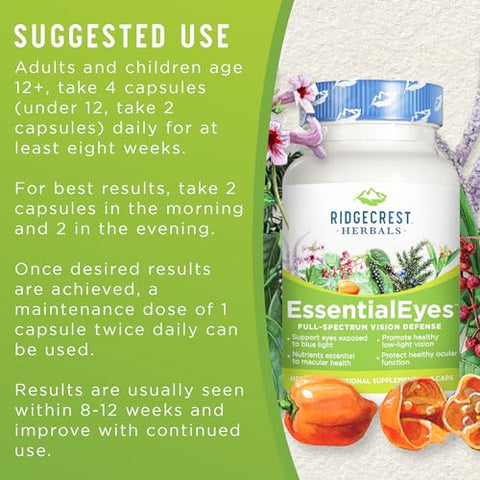 RidgeCrest Herbals - Ridgecrest Herbals EssentialEyes – Vitaminas Naturais para os Olhos, com Luteína, Zeaxantina e Extrato de Mirtilo, Suporte para a Saúde dos Olhos e Visão (120 Cápsulas Veganas, 30 Porções)