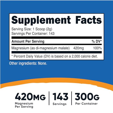 Magnesium Malate em Pó (300g) – 420mg de Magnésio por Porção – Livre de Transgênicos, Sem Glúten - Nutricost