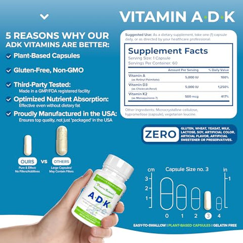 Suplemento Vitamínico ADK: Vitamina A, Vitamina D3 5000 UI e Vitamina K2 MK-7, Suporte à Saúde Óssea – Vitamina ADK Pura D3 K2 MK7 - Power By Naturals