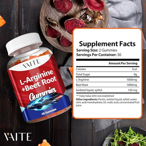 VAITE - L Arginine 1000mg Gomas de Beterraba – Dupla Potência, Estímulo Energético, Suporte à Circulação e Resistência, Suplemento Orgânico de Beterraba Mastigável para Homens e Mulheres, Vegano