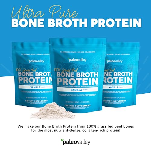 Proteína em Pó de Caldo de Osso 100%% Alimentado com Grama – Baunilha – Rico em Colágeno para Cabelo, Pele, Saúde Intestinal, Suporte Ósseo e Articular – 28 Porções - Paleovalley