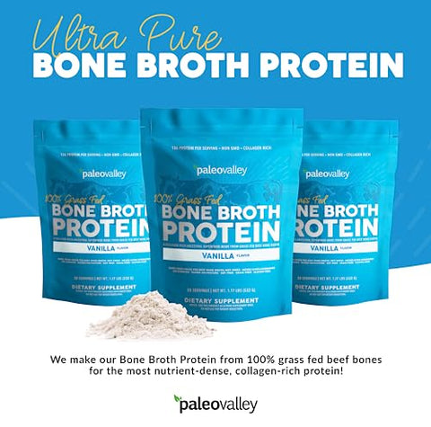 Proteína em Pó de Caldo de Osso 100%% Alimentado com Grama – Baunilha – Rico em Colágeno para Cabelo, Pele, Saúde Intestinal, Suporte Ósseo e Articular – 28 Porções - Paleovalley