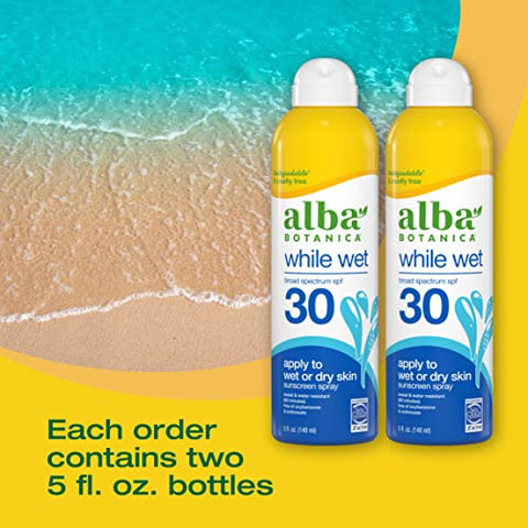 Protetor Solar Alba Botanica para Rosto e Corpo, Spray Protetor Solar Enquanto Molhado, FPS 30 de Amplo Espectro, Resistente à Água para Pele Molhada e Seca, Frasco de 150 ml (Pack com 2 unidades)