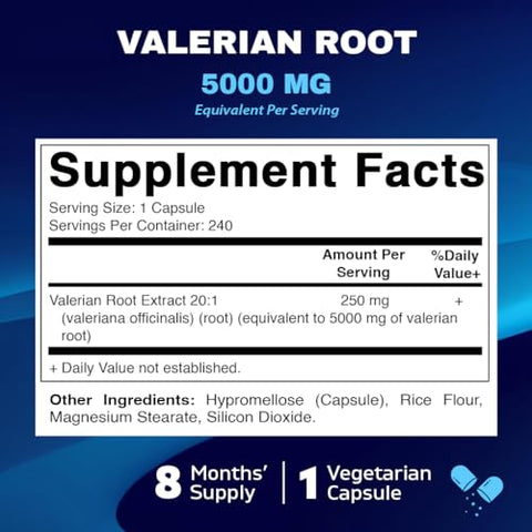 Raiz de Valeriana 5000 mg Equivalente por Cápsula – Extrato Concentrado 20X de 20:1 250mg – 240 Cápsulas - Vitamatic