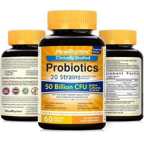 Probióticos 50 Bilhões UFC 20 Cepas, 120 Cápsulas Vegetais, Tecnologia de Liberação Direcionada, Resistente ao Ácido Estomacal, Sem Necessidade de Refrigeração, Não-OGM, Livre de Glúten - NewRhythm