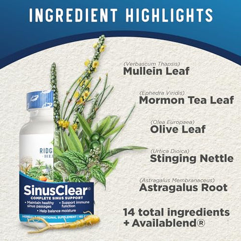 SinusClear: Fórmula Completa para Saúde Sinusal e Nasal com Folha de Mullein, Bromelina, Vitamina C e Zinco, para Mucos Saudáveis e Imunidade - RidgeCrest Herbals