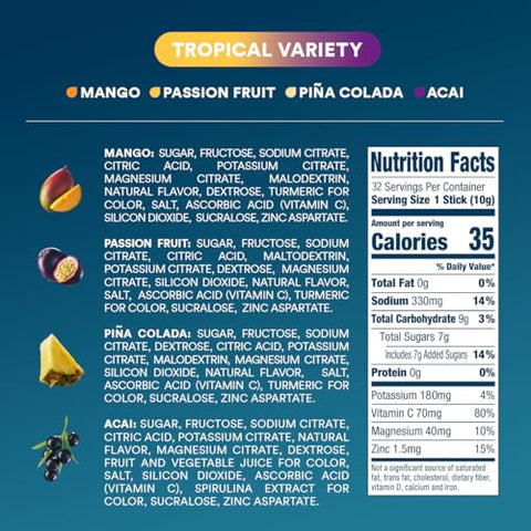 Hydration – Pack Tropical Variado – Pó Hidratante com Eletrólitos – Sachês Individuais – Sabores Manga, Açaí, Maracujá, Piña Colada | Não-OGM, Sem Glúten, Vegano - DripDrop