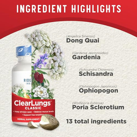 ClearLungs Classic – Suplemento Natural para Saúde Diária dos Pulmões e do Nariz, Suporte para Brônquios, Respiratório, Imunidade, Sinusite e Bem-Estar do Muco – Fórmula Herbal (60 cápsulas) - RidgeCrest Herbals