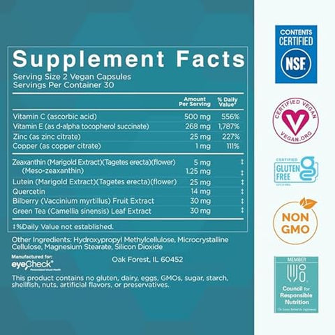 Eyecheck - Suplemento Macular Macutene® com Vitaminas Naturais para a Saúde dos Olhos – Fórmula Baseada em Ensaios Clínicos AREDS2® com Zeaxantina, Luteína e Mirtilo – Suporte à Saúde Ocular