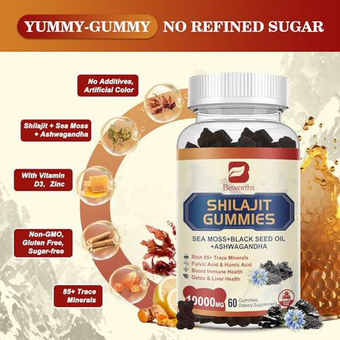 B BEWORTHS - Shilajit Resin Gummies: Suplemento de Musgo do Mar Irlandês com Óleo de Semente Preta, Ashwagandha e Ginseng Panax – 85 Minerais Traços