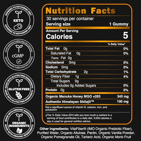 NutroTonic LLC - Gummies Orgânicos de SHILAJIT da NutroTonic | Sabor Óleo de Romã Orgânico | Sem Açúcar de Cana, Adoçado com Mel de Manuka Orgânico | Fórmula Limpa | Coração