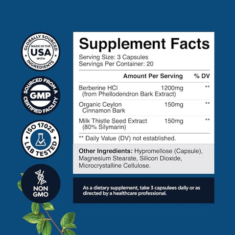 Natures Craft - Berberine Plus 1200mg – Complexo de Berberina Antioxidante com Cápsulas de Canela do Ceilão e Extrato de Cardo Mariano – PK Ativo para Saúde Cardíaca e