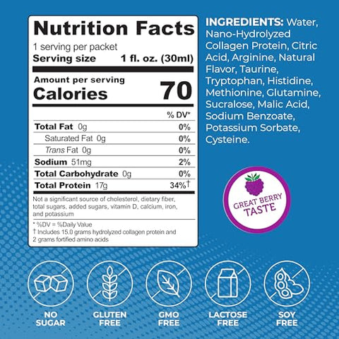 ProT Gold - Proteína Líquida de Colágeno, 17g de Colágeno Hidrolisado Nano-Hidrolisado de Pasto, 2g de Arginina para Suporte de Feridas, Sem Glúten, Sem Açúcar, 0g de Carboidratos, Não-OGM, Sabor de Frutas Vermelhas, 30ml, 24 Unidades