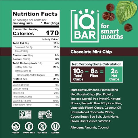 Barras de Proteína Keto para o Cérebro e Corpo – Chocolate Chip de Hortelã – 24 Barras Energéticas – Baixo Carboidrato/Açúcar – Barras Substitutas de Refeição com Alta Fibra – Lanches Veganos - IQBAR
