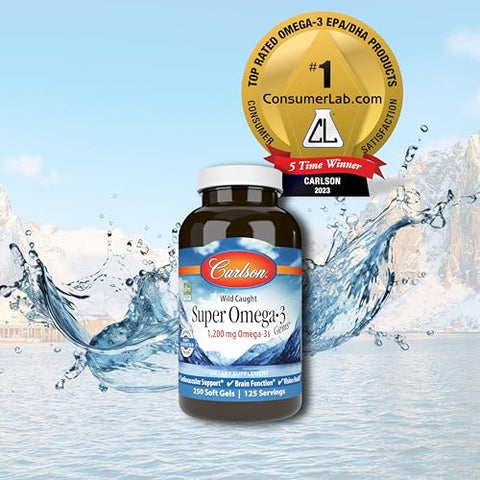 Super Ômega-3 Gems, 1200 mg Ômega-3s, Capturado na Natureza, Fonte Sustentável, 250 cápsulas moles - Carlson