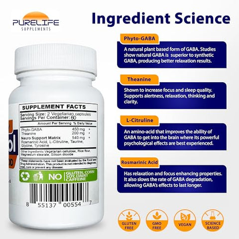 PureLife Supplements - Gabatrol Daily – Suplemento de GABA à base de plantas. Amigo dos vegetarianos e veganos (120 cápsulas vegetais)