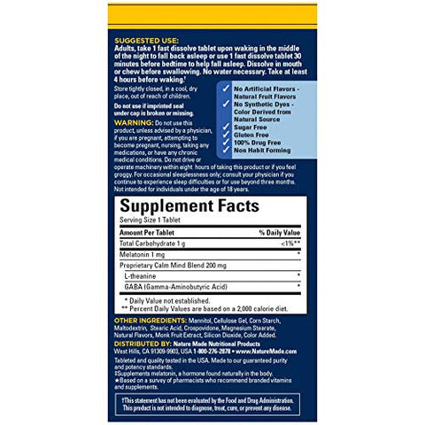 de Volta para Dormir, Melatonina de Dissolução Rápida, Ajuda a Voltar a Dormir Naturalmente, L-Teanina e GABA para Relaxar e Acalmar a Mente, 40 Comprimidos - Nature Made
