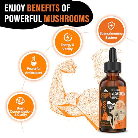 SZCZEKIN - Gotas Complexas de Cogumelo Lipossomal 2000 MG – 20 Extratos Orgânicos de Cogumelos – Fórmula Líquida Avançada para Imunidade, Cognição e Memória – Suplemento de Cogumelo do Leão, Reishi, Cordyceps