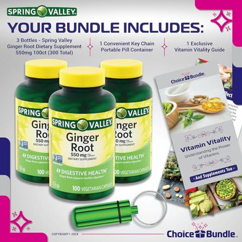 ChoiceBundle - Spring Valley Cápsulas de Suplemento Digestivo de Raiz de Gengibre 550 mg 100 Ct 3 pk Pacote Escolha (300 Total) Guia “Vitalidade Vitamínica” e Recipiente de Comprimidos (5 Itens)