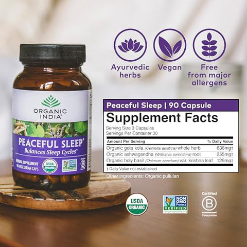 ORGANIC INDIA - Suplemento Herbal Organic India Peaceful Sleep – Suporte aos Ciclos de Sono, Vegano, Sem Glúten, Certificado Orgânico pelo USDA, Não-OGM, Energia Suportada