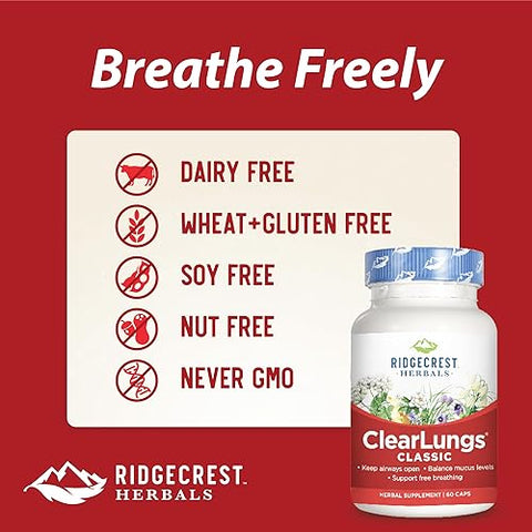 RidgeCrest Herbals - Ridgecrest Herbal Clearlungs Classic Red Label – 60 Cápsulas (3 Pacotes) | Melhorar a Respiração | Herbal Clearlungs Classic Red Label | 180 Cápsulas no Total
