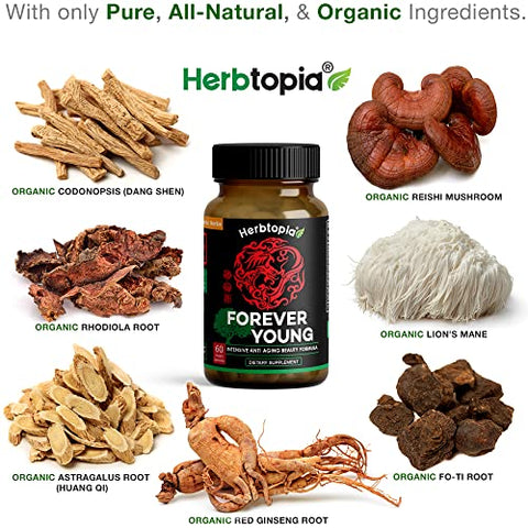 Herbtopia - Forever Young: Suplemento Longevidade para Imunidade, Cabelos Sem Grisalhos e Alongamento de Telômeros