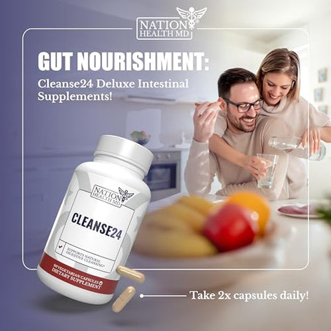 NATION HEALTH MD - Cleanse24 – Limpeza Intestinal para Humanos com Artemísia, Papaia, Nogueira-Negra – Limpeza Intestinal Herbal, Limpeza do Intestino para Homens