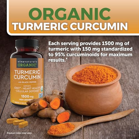 Viva Naturals - Suplemento Orgânico de Cúrcuma 1500 mg – Cápsulas de Cúrcuma para Suporte Articular e Defesa Celular – Curcumina de Cúrcuma com Pimenta Preta para Maior Absorção – Alta Potência