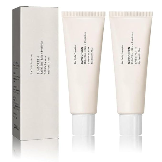XIGUA - 2 PCS Protetor Solar Orgânico Relief Sun Rice SPF50, Protetor Solar Coreano PA de Arroz, Probióticos SPF50 para Todos os Tipos de Pele e Defesa UV (2PCS*50ml)