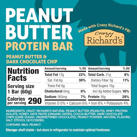 Crazy Richard's - Barra de Proteína Crazy Richard’s 100% Natural, Feita com Amendoim Real e Gotas de Chocolate Amargo, 16g de Proteína, Lanche Delicioso para Levar (8 Barras)