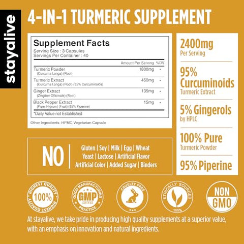 STAY ALIVE - StayAlive Cápsulas de Cúrcuma 2400mg, 95%% Curcuminoides c/Gengibre | Turmeric 2400mg, 95%% Curcuminoides c/Gengibre | StayAlive