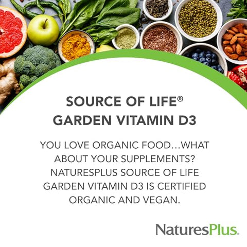 Source of Life Garden – Vitamina D3 Orgânica Certificada 5000 UI, 60 Cápsulas Veganas – Suplemento à Base de Alimentos Integrais – Vegetariano, Sem Glúten – 30 - Natures Plus