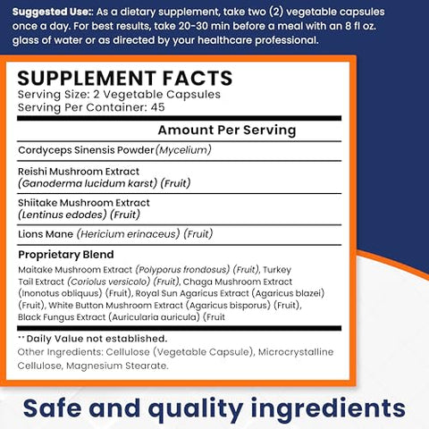 Vita Miracle - Cápsulas de Suplemento de Cogumelo – Complexo de 10 Cogumelos com Leão do Norte Cordyceps Shiitake Reishi – Suplementos de Cogumelos Naturais – Vitaminas Herbais em Cápsulas para Foco e Energia
