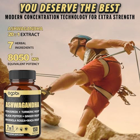 agobi - Ashwagandha Extrato Cápsulas 7 Ingredientes Naturais 8050 mg – Mistura de Fenacho, Maca, Cúrcuma, Rodiola, Gengibre
