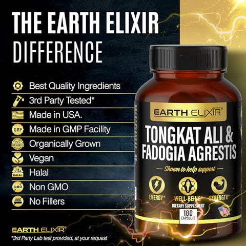 Earth Elixir - Fadogia Agrestis 600mg e Tongkat Ali 500mg – Suplementos (180 Cápsulas) – Fabricado nos EUA – Fornecimento de 3 Meses – Testado por Terceiros – Long Jack – Suplementos Tongkat Ali Fadogia Agrestis