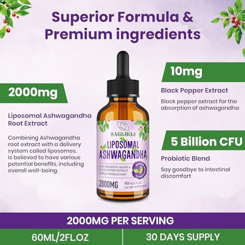 Saglikli - Gotas Líquidas de Ashwagandha Lipossomal 2000mg, Extrato de Raiz de Ashwagandha (7%% Withanolides) com Extrato de Pimenta Preta