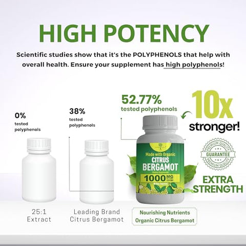 Nourishing Nutrients - Bergamota Cítrica Orgânica Certificada pelo USDA – 50%% Polifenóis Mais Altos – Vegano 90 caps – Testado por Terceiros – Suplemento Feito nos EUA – Coração – Colesterol