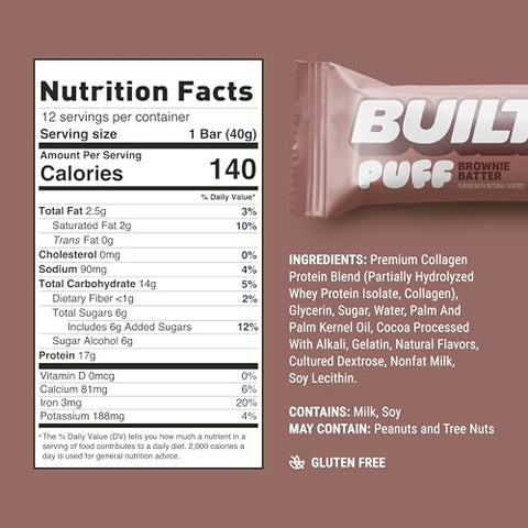 Built Bar - BUILT Barras de Proteína, Sabor Brownie, 12 unidades, Snacks Proteicos com 17g de Proteína, Colágeno, Barra de Proteína de Chocolate, Sem Glúten com 140 calorias