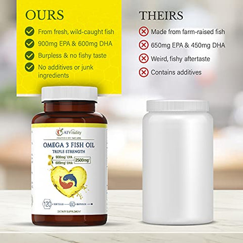 A1Vitality - Ômega 3 Triplo Forte EPA DHA – 2500mg Óleo de Peixe com Sabor de Limão, Livre de Arrotos – Alta Potência 900mg EPA 600mg DHA Suporta Circulação, Cérebro, Coração, Olhos, Pele e Ossos