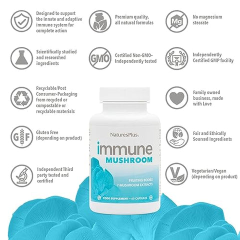 Immune Mushroom – 60 Cápsulas – Complexo Imune de Corpo Frutífero – de Sete Cogumelos Diferentes – Fornece Micronutrientes Essenciais – Vegano, Sem Glúten – 30 Porções - Natures Plus