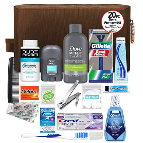 Kit de Viagem Masculino Premium 20 Peças da Convenience Kits International com Tamanho de Viagem, Essenciais Conformes com a TSA, Destacando: Dove Men