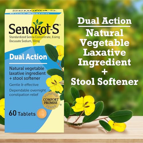 S Dual Action 60 Comprimidos – Laxante Natural de Vegetais com Amaciante de Fezes, Alívio Suave e Confiável da Constipação Ocasional durante a Noite - Senokot