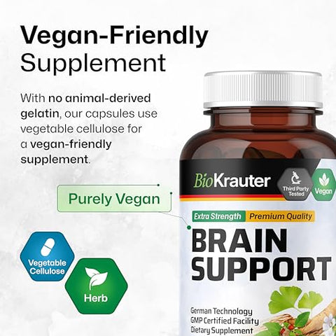 BIO KRAUTER - Suplemento de Suporte Cerebral – Ashwagandha, Panax Ginseng e Ginkgo Biloba – 1200 mg – 100 Cápsulas Veganas, Sem Preenchedores