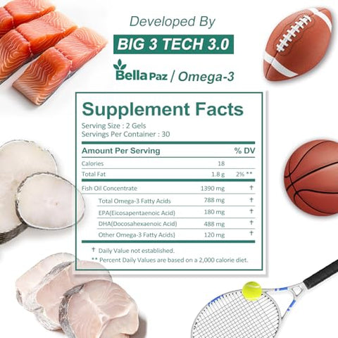 BELLAPAZ - Suplemento Ômega 3 FishOil – 788 mg Ácido Graxo Ômega-3 sem refluxo, 488 DHA – Marca em destaque