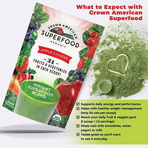 GA Grown American - Grown American Superfood – Pó Verde Concentrado de 31 Frutas e Vegetais Orgânicos Aumenta Energia e Desempenho – 100% Certificado Orgânico e Vegano Não-OGM (28g)