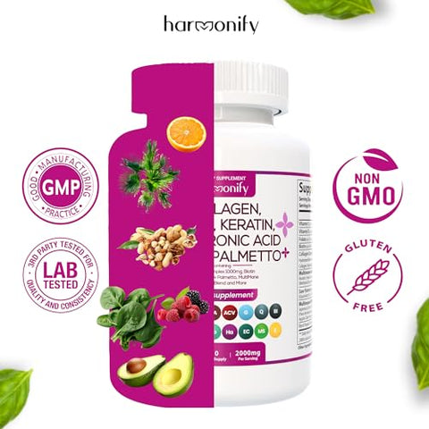 HARMONIFY - Complexo de Colágeno Biotina Queratina Saw Palmetto Ácido Hialurônico com Vitamina E, Ácido Fólico, Semente de Abóbora e MSM, Cabelo Pele