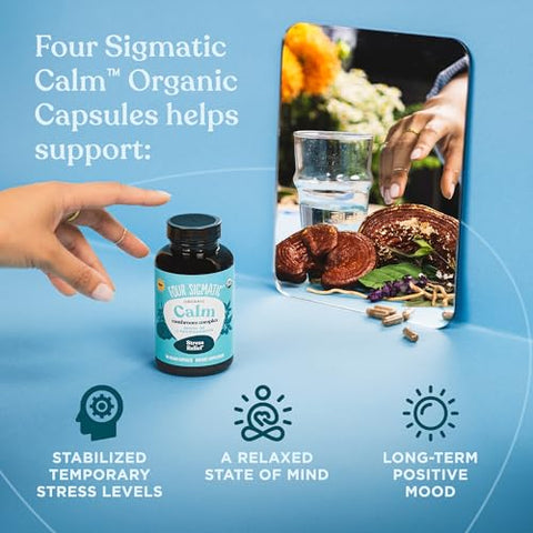 Cápsulas Four Sigmatic Calm | Suplemento Vegano para Alívio do Estresse e Promoção de Humor Positivo com Pó de Ashwagandha Orgânico, Cogumelo Reishi Orgânico, Tulsi (Extrato de Manjericão Sagrado) | 100% Natural e Eficaz