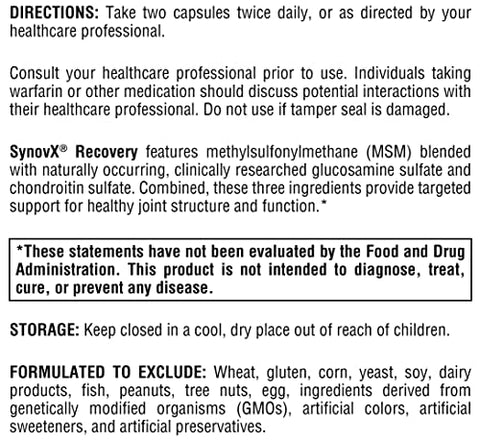 SynovX Recovery – Suporte Articular para Estrutura e Função Saudáveis – Cápsulas de MSM Glucosamina Condroitina para Suporte a Tecidos, Cartilagens Saudáveis – 60 cápsulas - XYMOGEN